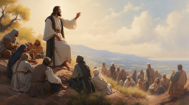 Jesus teaching a group of people outdoors at sunset.