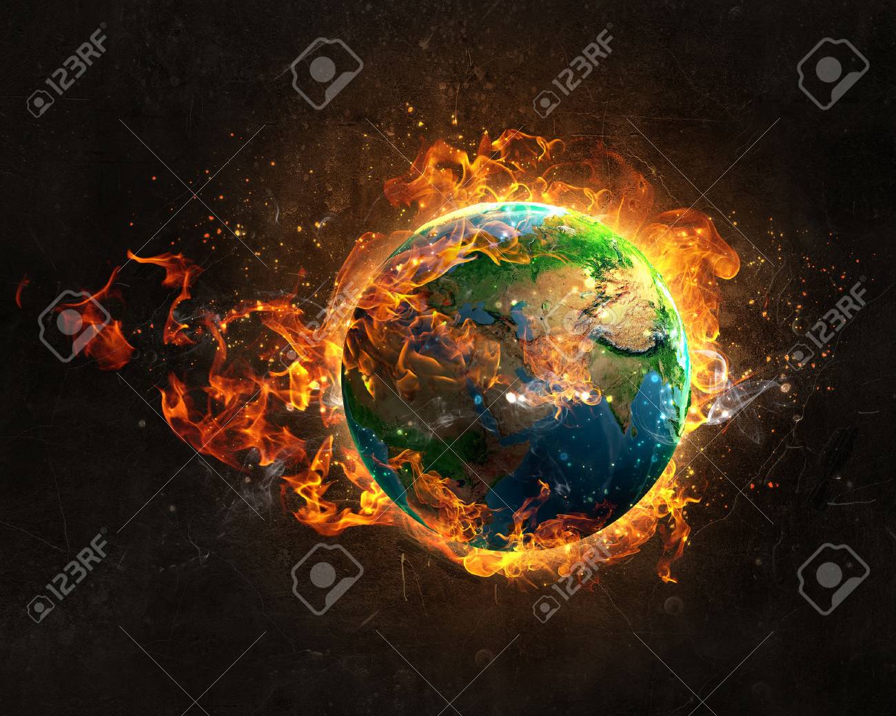 Earth engulfed in flames symbolizing global crisis.