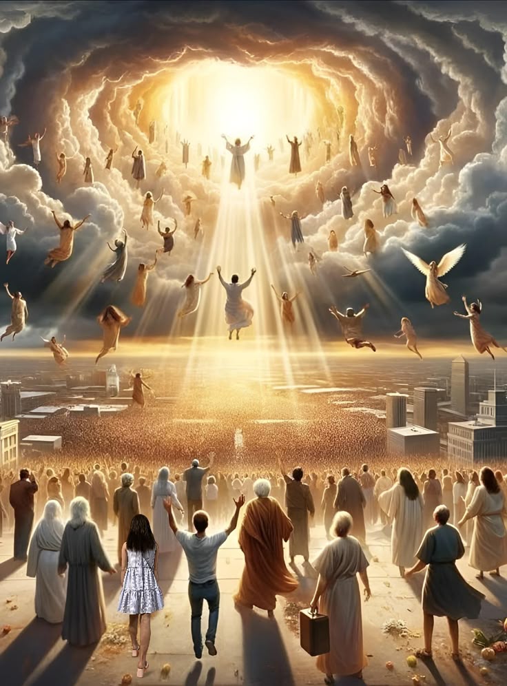 Heavenly scene with angels and souls ascending in radiant light.