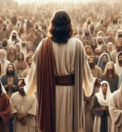 A man addressing a large crowd in a historic or biblical setting.